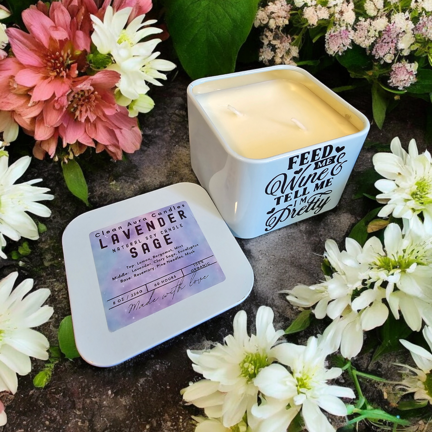 Scented Soy Wax Candle Trendy Metal Tin with Lid, Strong Scent Throw, Non-Toxic Feed Me Wine Tell Me I'm Pretty' - Perfect Gift for Wine Lovers, Handmade & Reusable