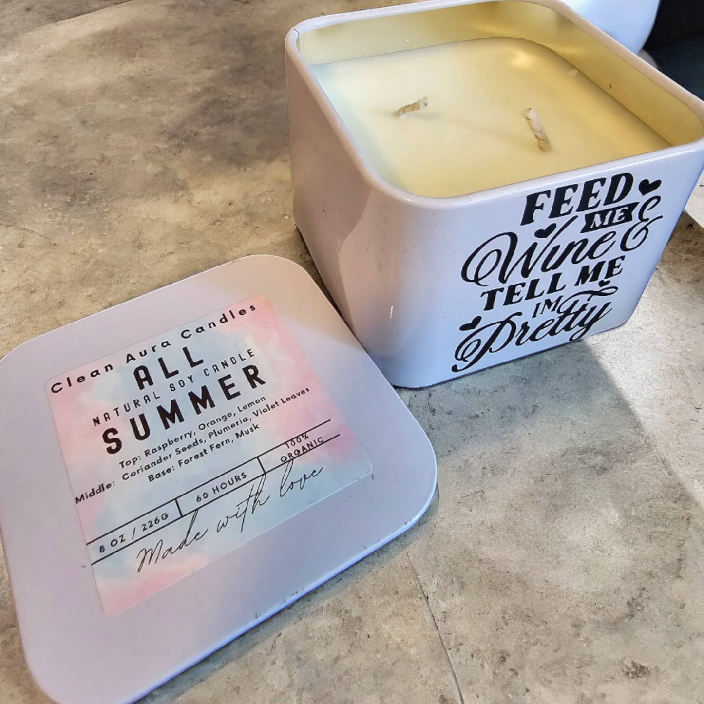 Scented Soy Wax Candle Trendy Metal Tin with Lid, Strong Scent Throw, Non-Toxic Feed Me Wine Tell Me I'm Pretty' - Perfect Gift for Wine Lovers, Handmade & Reusable